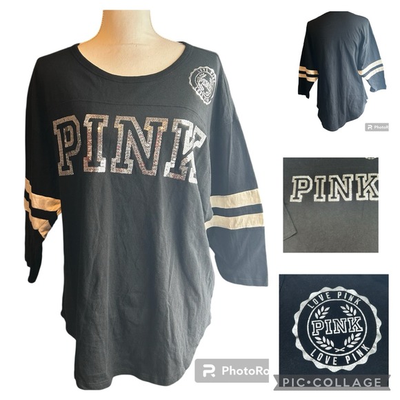 Victoria's Secret Tops - Victoria's Secret PINK Black Crew Neck 3/4 Sleeves Bling Sequin Logo T-Shirt Med